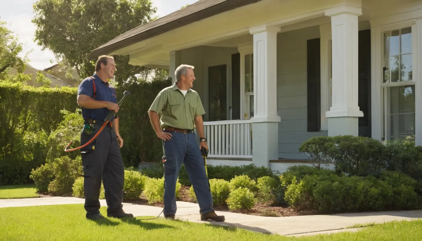 Friendly pest control provider inspecting the foundation of a frame home with a homeowner in the Cottage Grove area